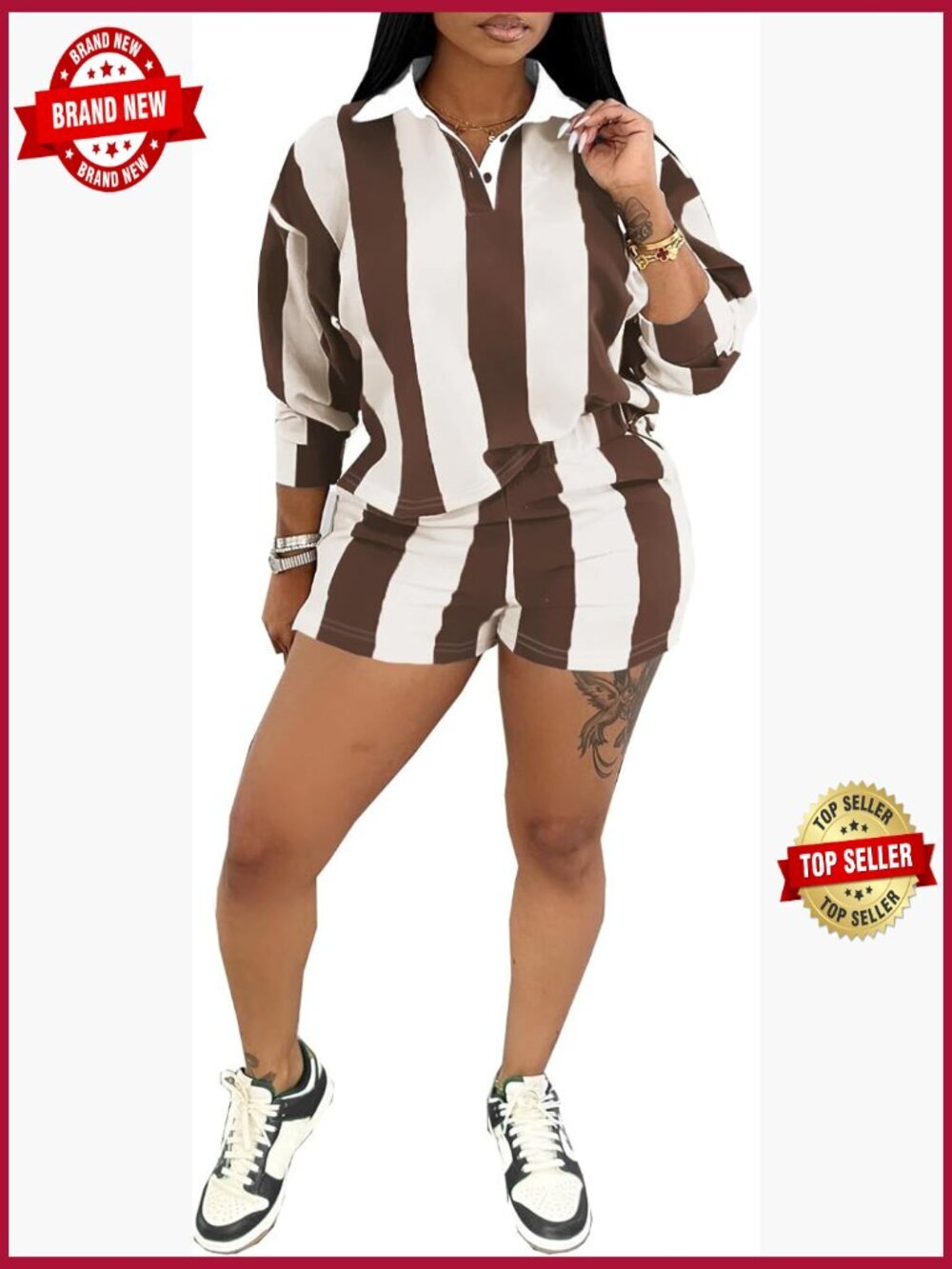 Long Sleeve Button Top & Shorts Set Tracksuit 2 Piece